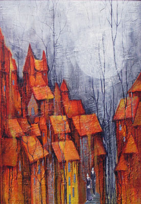 autumn town surreal abstract modern art painting oil on plywood 99x70cm katarina sweda