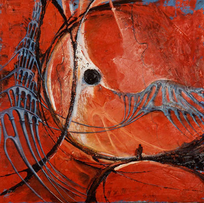 red eclipse surreal modern abstract art painting oil on canvas 60x60cm katarina sweda 1992